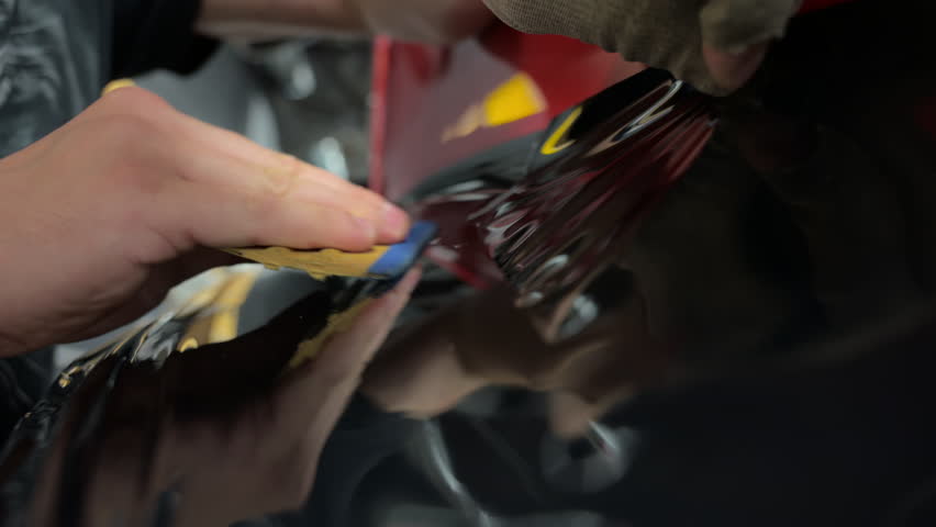 Worker applies a PPF film with a scraper to a truck. Close up footage of applying a film on a car. 