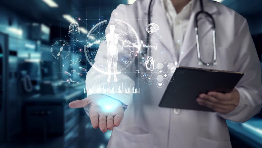 Close up of skilled doctor holding tablet and holding human anatomy hologram. Medical worker looking and checking HUD dashboard whole body x ray holographic by using technology innovation. Remedial.
