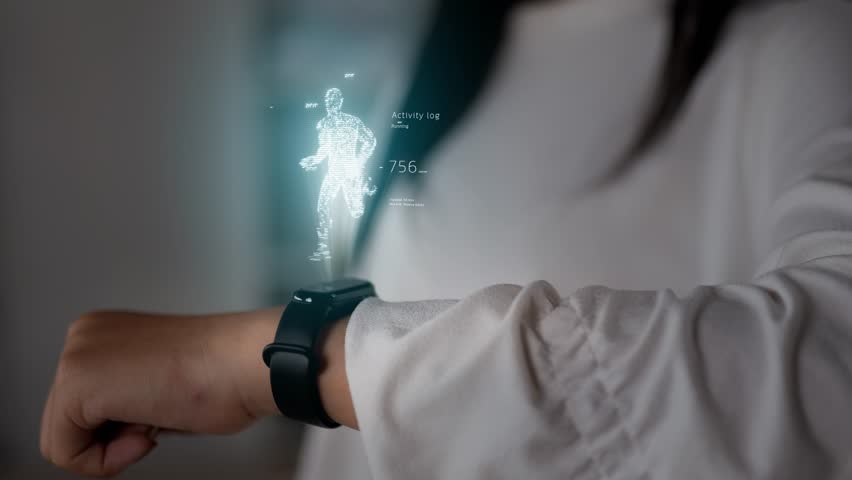 Close up fitness bracelet side view of woman pressing buttons on smart watch and looking at workout equipment app technology monitor active gadget jogger tech. Visual augmented reality display concept