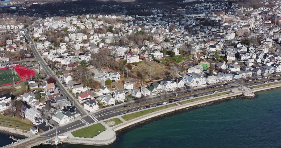 Gloucester, MA, USA - November 29, 2024:  Autumn aerial, drone, video of the City of Gloucester, Massachusetts, MA, USA.