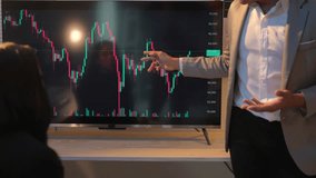 Businessman and woman trading stocks online. Stock market trading. Stockbrokers looking at charts, graphs, indices and numbers on computer pc screen in office. Trader business success concept. - Powered by Shutterstock - Get 15% off with code: PIKWIZARD15