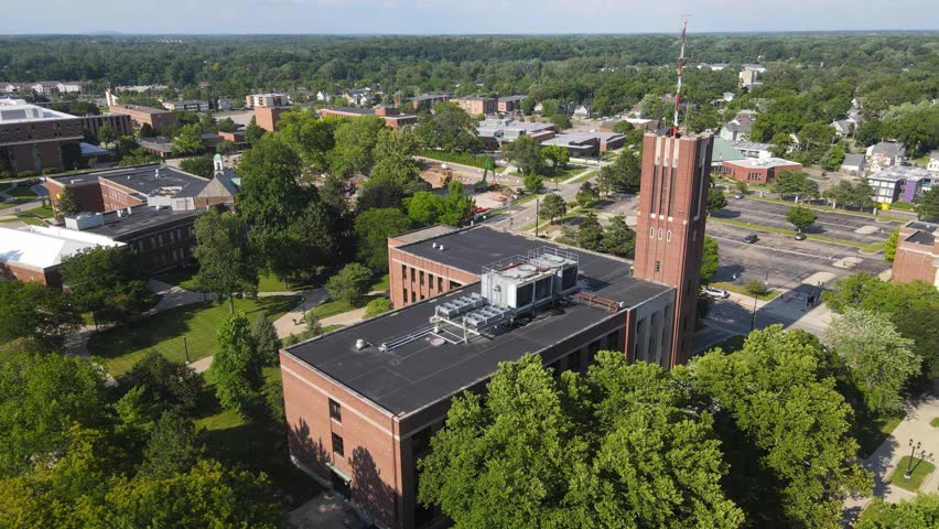 Pierce Hall of Eastern Michigan University in Ypsilanti, Michigan, USA, aerial drone view