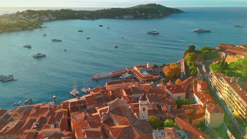 Aerial view of the picturesque town of Villefranche-sur-Mer at sunrise near Nice, Cote d