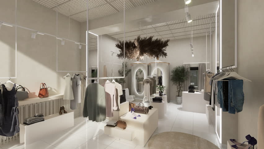 Luxury boutique interior with modern decor, designer clothing, accessories, large mirrors, and decorative plants in a bright setting. - Powered by Shutterstock - Get 15% off with code: PIKWIZARD15