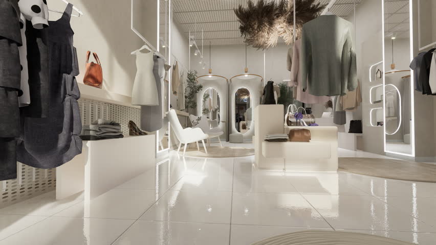 Fashion boutique design featuring light tones, mirrors, stylish racks, and luxury clothing with modern interior details.