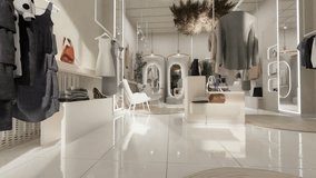 Fashion boutique design featuring light tones, mirrors, stylish racks, and luxury clothing with modern interior details. - Powered by Shutterstock - Get 15% off with code: PIKWIZARD15