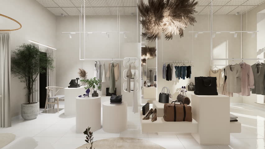 Fashion boutique design featuring light tones, mirrors, stylish racks, and luxury clothing with modern interior details. - Powered by Shutterstock - Get 15% off with code: PIKWIZARD15