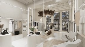 Modern minimalist boutique interior with stylish clothing racks, accessories display, and elegant decor in neutral tones with plants. - Powered by Shutterstock - Get 15% off with code: PIKWIZARD15