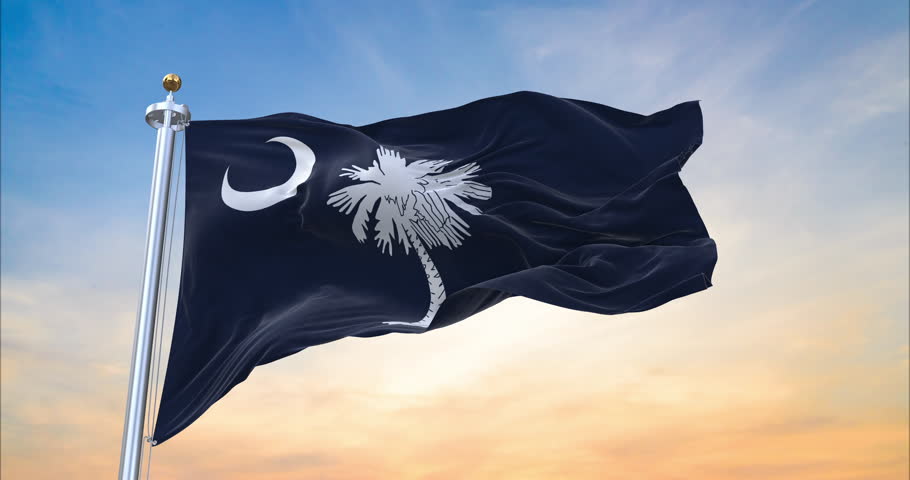 Flag of South Carolina US State realistic waving in the wind with sundown background (Perfect Loop)