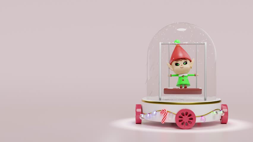 3d Elf sitting swing in snow globe with decorated podium on wheels isolated on pink background. merry christmas, festive new year concept, 3d render illustration, alpha channel