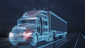 Red american container truck driving on a highway with dark sky. Autonomous Truck with Cargo Trailer Drives at Night on the Road with Sensors Scanning Surrounding Special Effects of Self Driving Truck - Powered by Shutterstock - Get 15% off with code: PIKWIZARD15