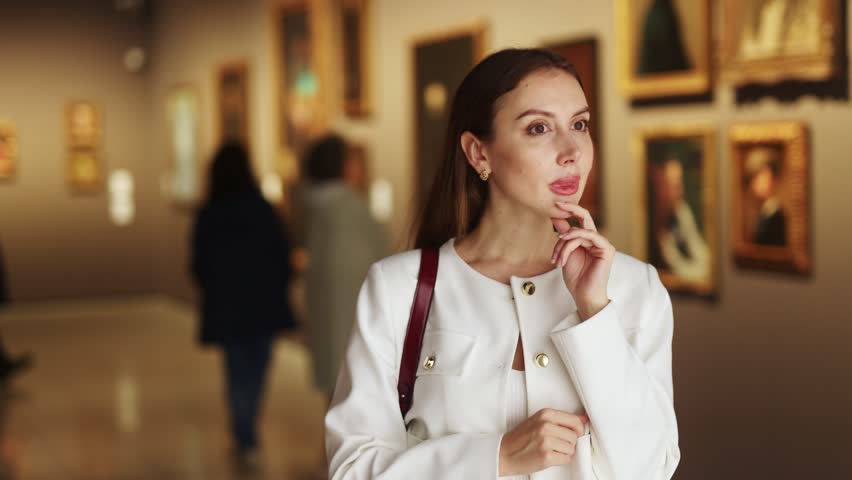 Woman walks in the museum with interest against the background of people. Student on an excursion of an exhibition of paintings. High quality 4k footage
