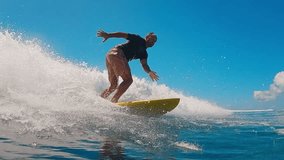 Beginner adult male surfer manoeuvres a yellow surfboard on an ocean wave. Maldives - Powered by Shutterstock - Get 15% off with code: PIKWIZARD15