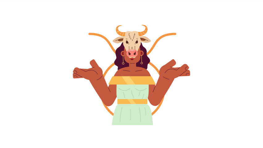 Taurus zodiac sign 2D animation. African american woman with bull skull 4K video motion graphic. Blac female as esoteric symbols animated character cartoon flat concept, white background