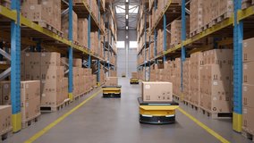 Autonomous AGV robots transporting cardboard boxes in an automated warehouse or distribution logistics center. Smart warehouse automation concept. Realistic high quality 3d rendering animation. - Powered by Shutterstock - Get 15% off with code: PIKWIZARD15
