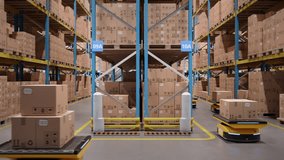 Autonomous AGV robots transporting cardboard boxes in automated warehouse or distribution logistics center. Smart warehouse automation concept. Seamless looping parallel shot. 3d rendering animation. - Powered by Shutterstock - Get 15% off with code: PIKWIZARD15