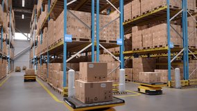 Autonomous AGV robots transporting cardboard boxes in automated warehouse or distribution logistics center. Smart warehouse automation concept. Seamless looping parallel shot. 3d rendering animation. - Powered by Shutterstock - Get 15% off with code: PIKWIZARD15