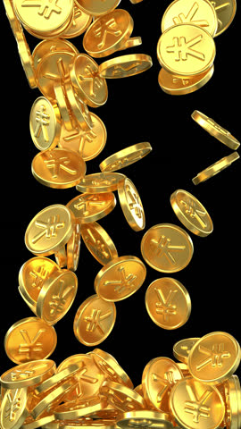 Falling yuan yen gold coins transition – 3d render with alpha channel.