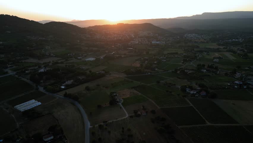 Aerial drone view of French countryside in evening sunset