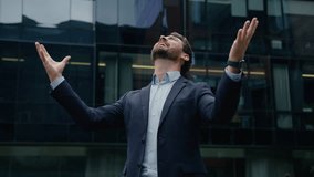Excited businessman rich guy winner male entrepreneur happy business man investor celebrate success invest real estate triumph win amazing good news job offer hire celebration happiness city outdoors - Powered by Shutterstock - Get 15% off with code: PIKWIZARD15