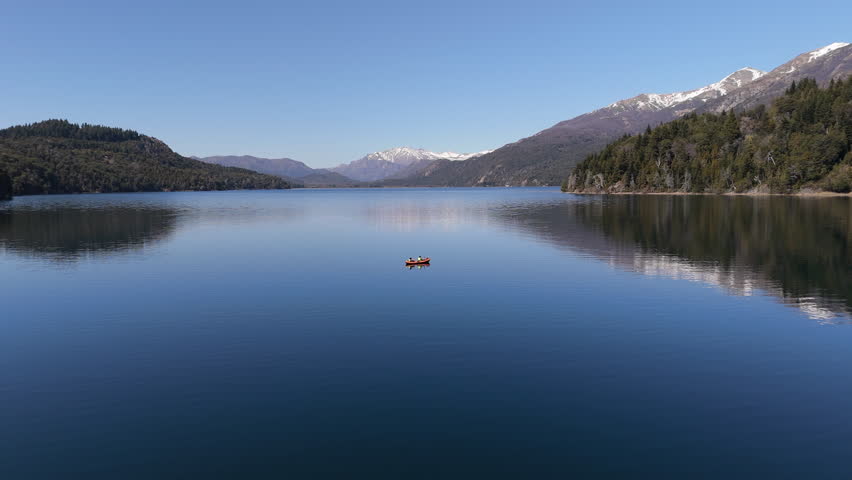 Aerial view of a quiet kayaking trip on Perito Moreno Lake, Bariloche, Argentina. Adventure.