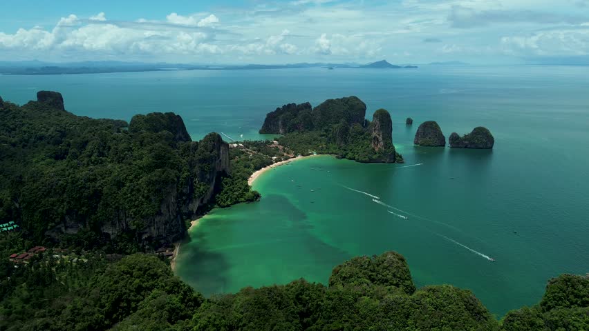 Aerial shot of the sandy beaches of eastasia at the province of Krabi, Thailand
