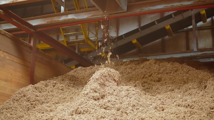 Conveyor belt drops peat or wood shavings on big stock pile