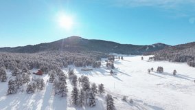 Winter Christmas wonderland frosty mountain side snowy meadow valley aerial drone Evergreen Colorado USA sunny blue sky National Forest Evergreen Meadows Three Sisters Denver Park upwards - Powered by Shutterstock - Get 15% off with code: PIKWIZARD15