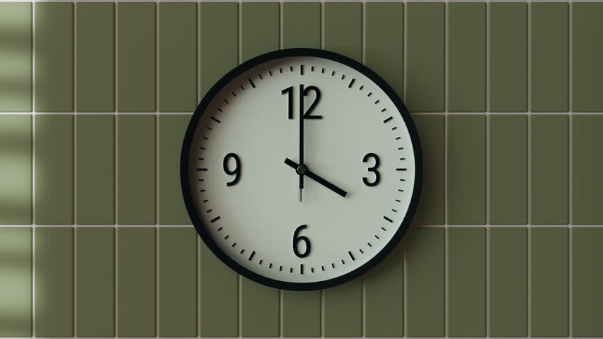 Time-lapse of black and white classic wall clock indoors building, green olive color tile wall texture background, moving shadows from window blinds, soft sunlight, sunny day to evening transition