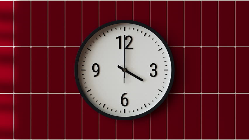 Time-lapse of black and white classic wall clock indoors building, deep red color tile wall texture background, moving shadows from window blinds, soft sunlight, sunny day to evening transition