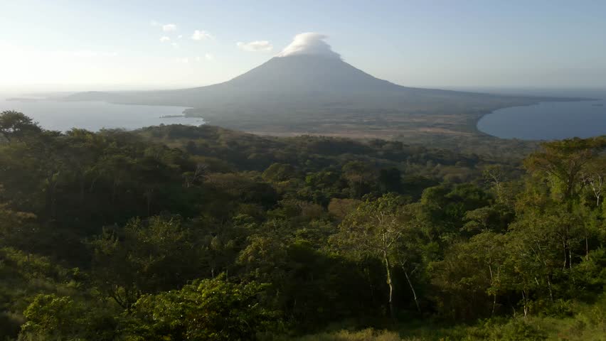 Concepción Volcano Nicaragua active crater aerial above tropical rainforest jungle