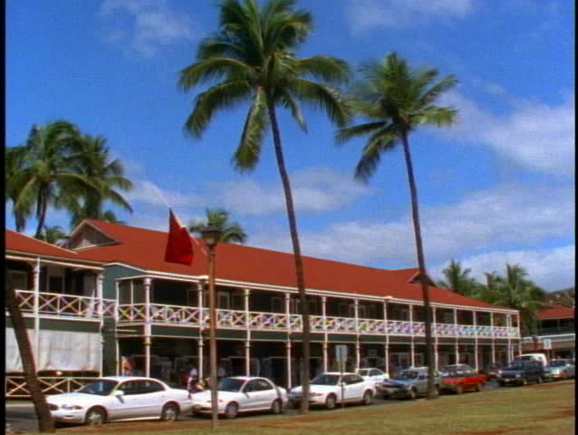 Lahina, Pioneer Inn, wide shot, pan right, on Maui in Hawaii