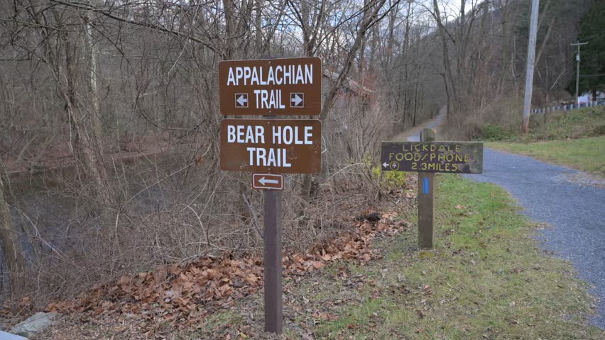 The Appalachian Trail during a cloudy overcast day. Signage. Swatara Creek.