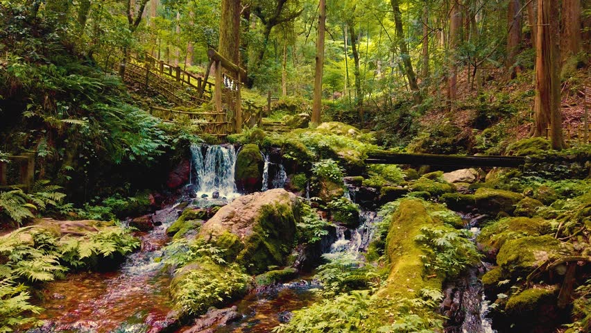 Waterfall flow, Japanese temple forest cascade landscape humid moss green stones