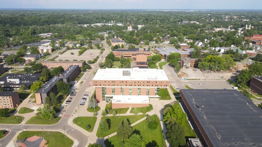 Aerial panoramic view of Eastern Michigan University in Ypsilanti, Michigan, USA
