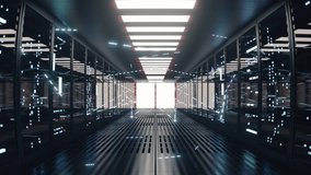 Concept data connecting. Digital information travels through fiber optic cables through the network and data servers behind glass panels in the server room of the data center. Digital lines. 3d render - Powered by Shutterstock - Get 15% off with code: PIKWIZARD15