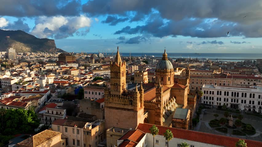 Sicily island, drone view of Palermo cathedral, Palermo is capital of Sicily in southern Italy, holidays in Sicily. God bless you and your city written on the wall.