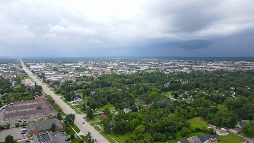 Aerial view of storm clouds rolling in over Troy Michigan, USA