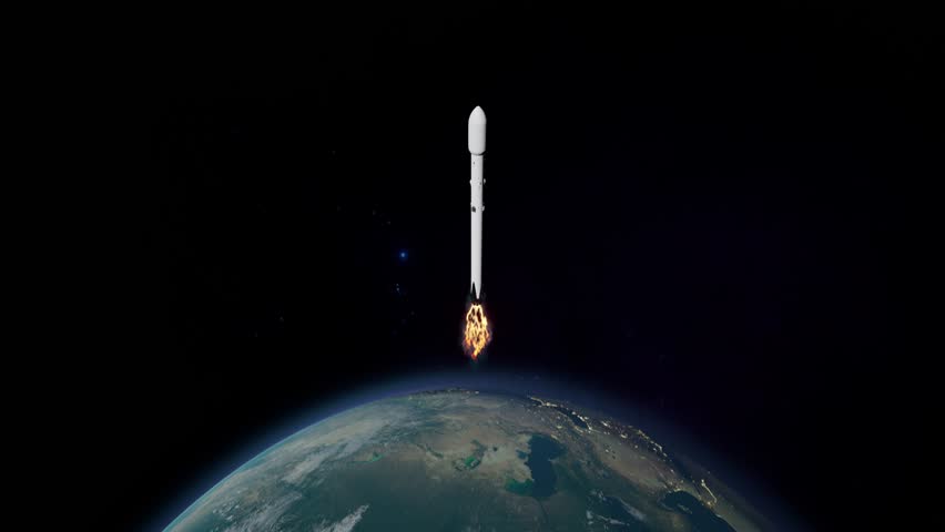 Powerful Rocket Flies Into Space In A Black Sky And Star