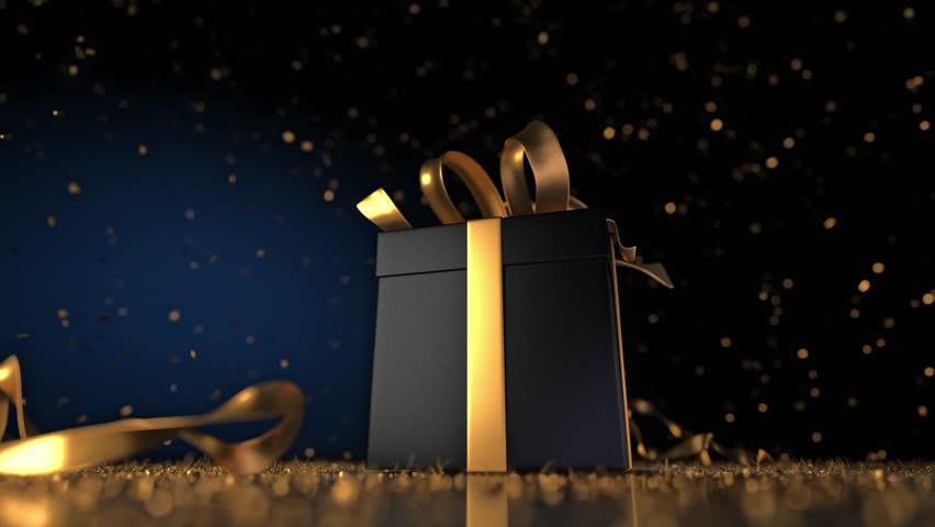 A black gift box with a golden bow magically opens, as the ribbon unties and falls on a glitter-covered surface. Shimmering gold dust fills the background.