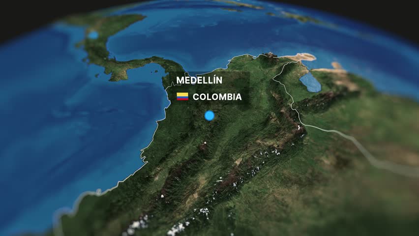 Stunning 3D animated map showcasing a flight route from Medellín to Cartagena. Perfect for travel videos, tourism promotions, and corporate presentations.