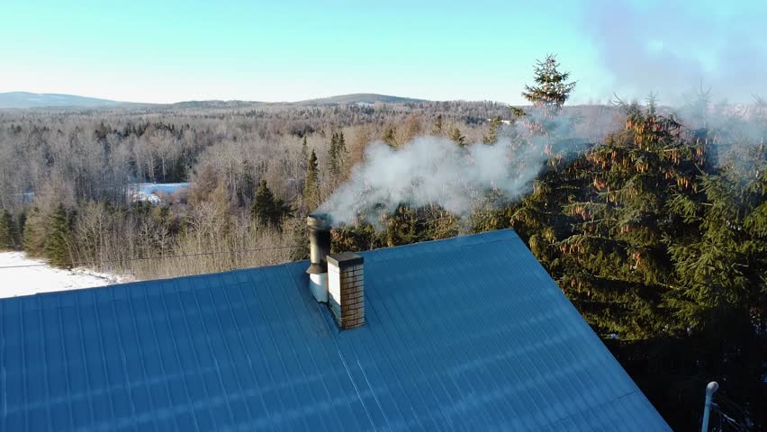 A country house metallic roof with a smoking chimney in the middle of a winter forest landscape on a clear day.