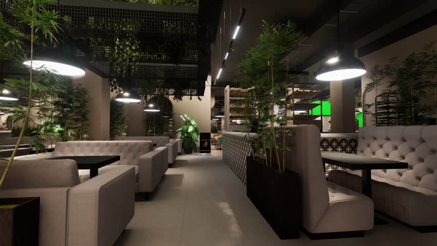 Modern food court space with sleek counters, hanging lights, and open interior layout, designed for an urban and stylish dining experience.

