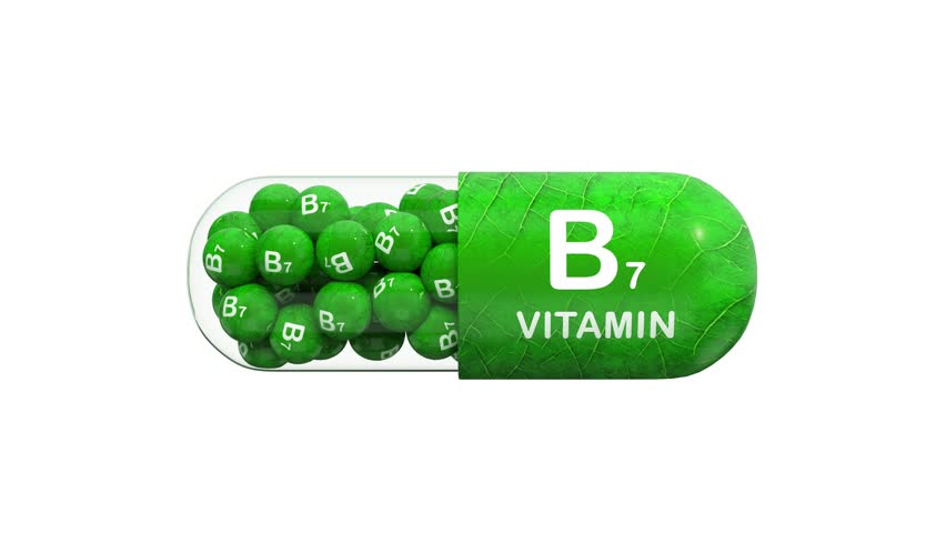 A model of a capsule with vitamin B7 (biotin) in green granules, pill or tablet form. The vitamin B7 is essential for maintaining healthy skin, hair, and nails. Isolated. White background. 3D render.