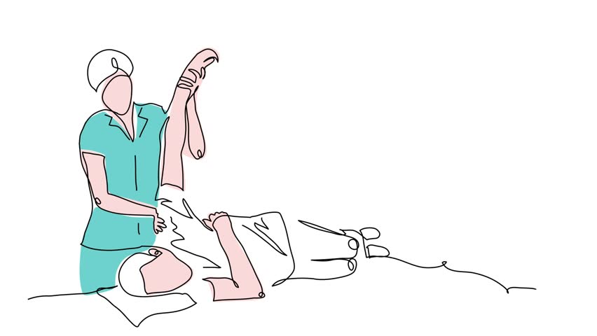 Manual therapy, massage on a table. Physiotherapy treatment animated illustration. One continuous line art, self drawing footage of massaging on a table