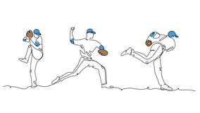 Baseball player pitcher throws the ball, animated illustration. One continuous self drawing line animation, footage of baseball pitcher. Main motions - Powered by Shutterstock - Get 15% off with code: PIKWIZARD15