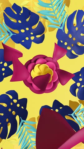 3d vertical video, abstract floral kaleidoscope appears on yellow background, colorful paper flowers opening, botanical ornament.