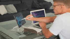 Programmer discusses app development, checking errors on tablet. - Powered by Shutterstock - Get 15% off with code: PIKWIZARD15