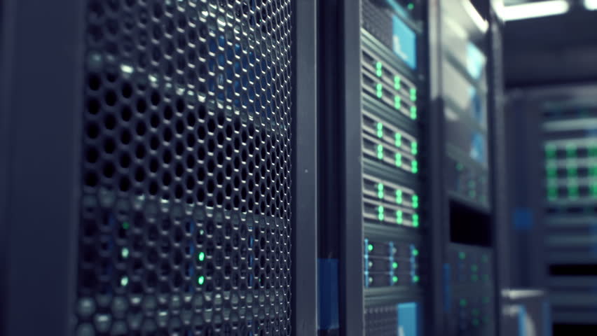 A row of servers neatly arranged in a data center, with blinking lights and cooling fans indicating active data processing.