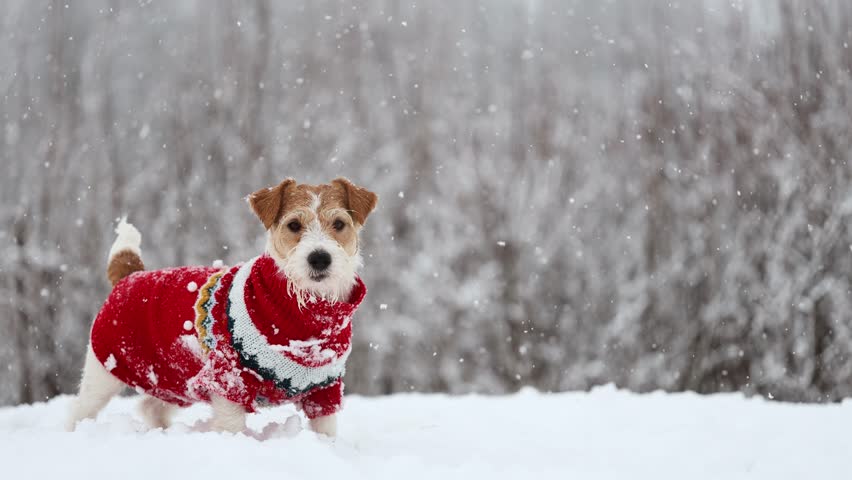 Dog playing in park. Wirehaired Jack Russell Terrier. Pet in red New Year sweater against winter trees background. Cold snowy winter weather. Christmas concept